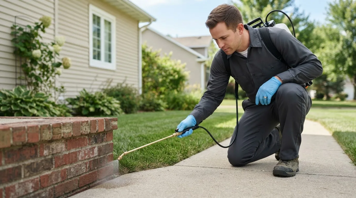 Pest control technician treating a home near Powderly, TX