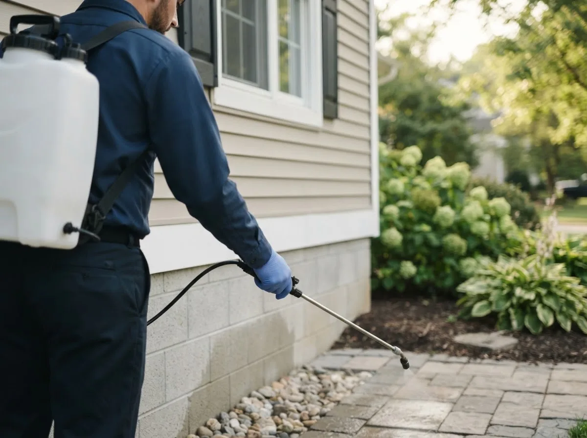 Pest control technician inspecting a home in Powderly, TX